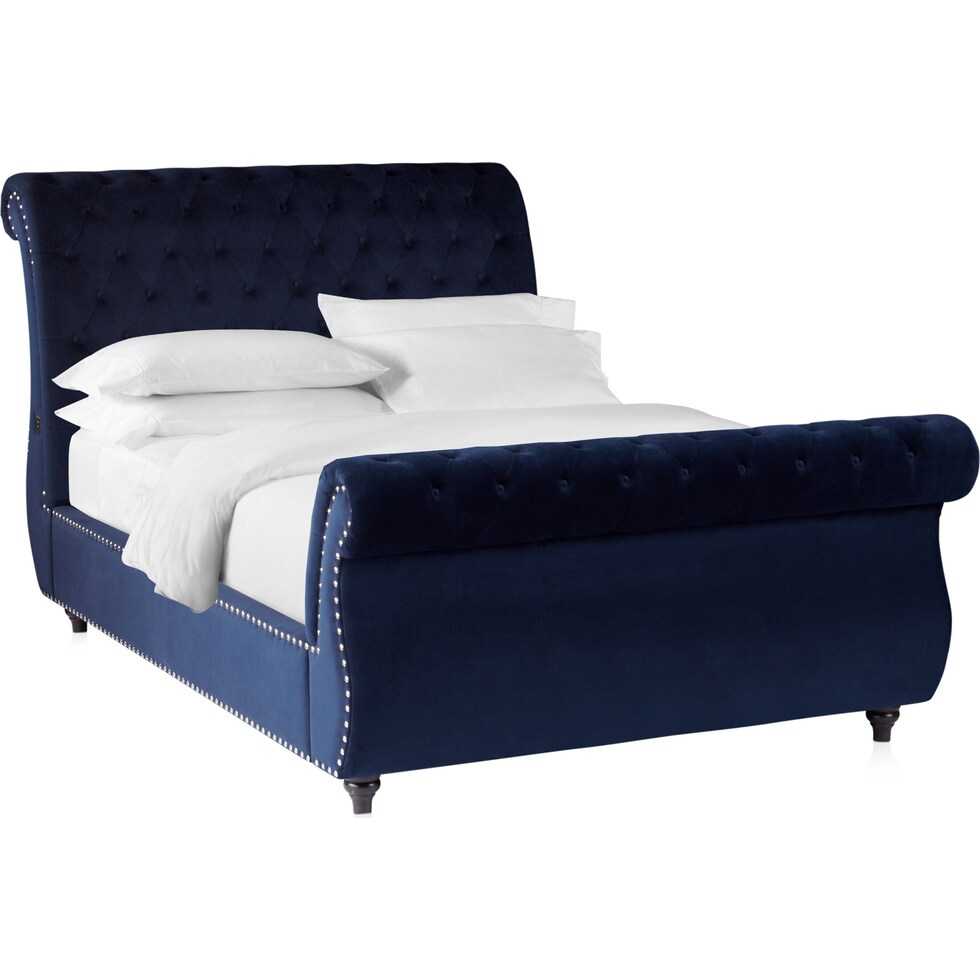 marcella blue queen upholstered bed   