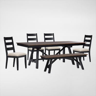 Maxwell Trestle Extendable Dining Table, 4 Upholstered Chairs and Bench