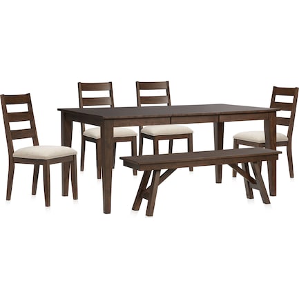 Maxwell Dining Table, Bench and 4 Upholstered Dining Chairs - Hickory