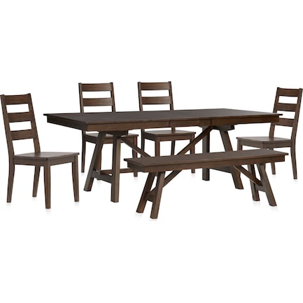 Maxwell Trestle Dining Table, 4 Chairs and Bench - Hickory
