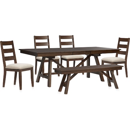 Maxwell Trestle Dining Table, 4 Upholstered Chairs and Bench - Hickory