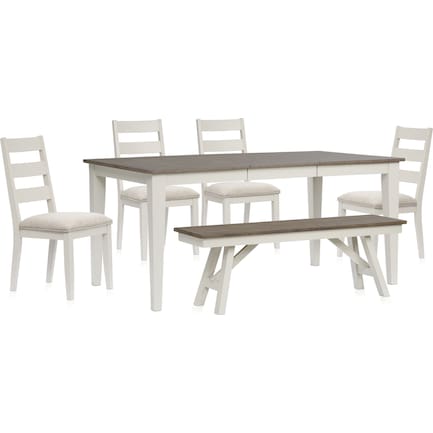 Maxwell Dining Table, Bench and 4 Upholstered Dining Chairs - Gray