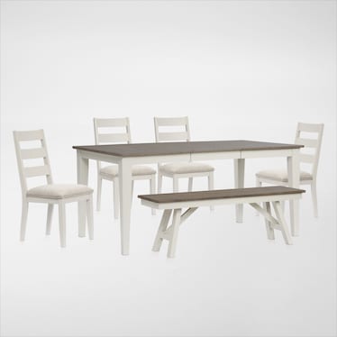 Maxwell Solid Wood Extendable Dining Table, Bench and 4 Upholstered Dining Chairs - Gray