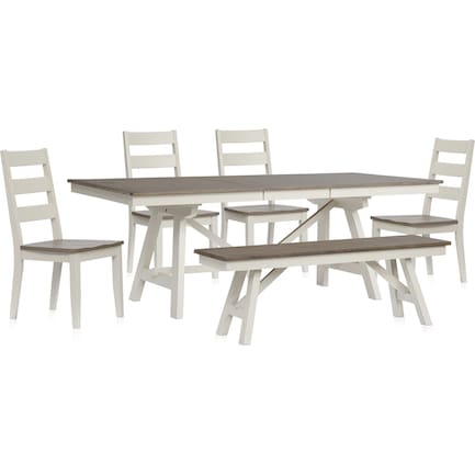 Maxwell Trestle Dining Table, 4 Chairs and Bench - Gray