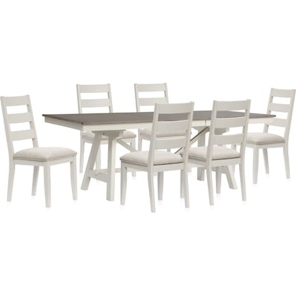 Maxwell Trestle Dining Table and 6 Upholstered Chairs - Gray