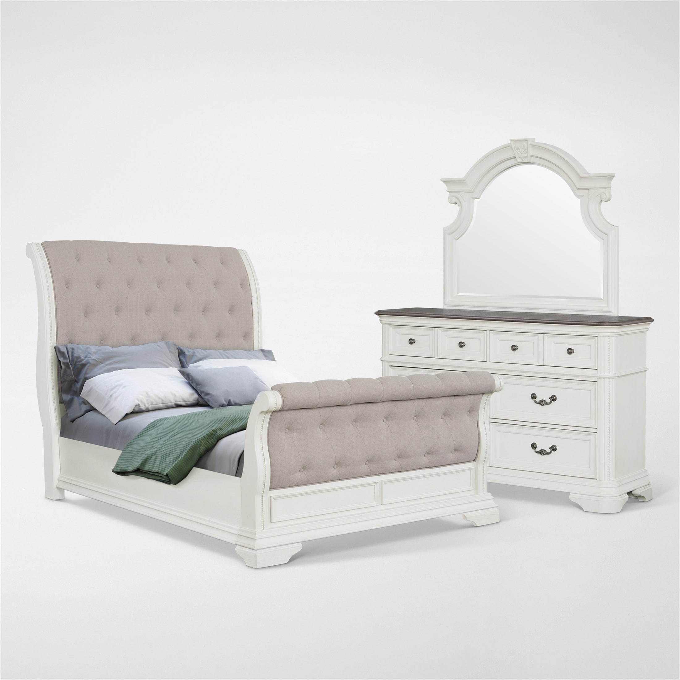 Mayfair 5Piece Upholstered Sleigh Bedroom Set with Dresser and Mirror Value City Furniture