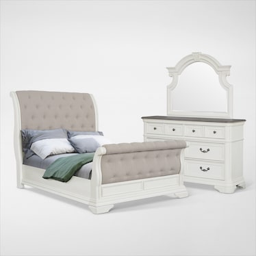 Mayfair 5-Piece Upholstered Sleigh Bedroom Set with Dresser and Mirror