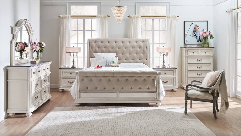 Mayfair 6-Piece Upholstered Sleigh Bedroom Set with Nightstand, Dresser