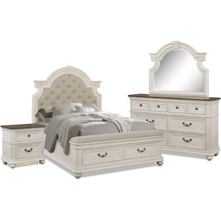 Mayfair 6-Piece King Upholstered Storage Bedroom Set with Nightstand, Dresser and Mirror