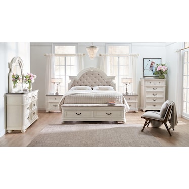 Mayfair 6-Piece Upholstered Storage Bedroom Set with Nightstand, Dresser and Mirror