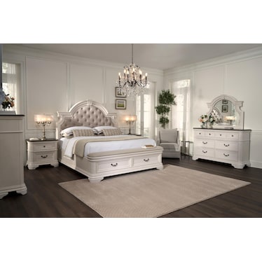 Mayfair 6-Piece Upholstered Storage Bedroom Set with Nightstand, Dresser and Mirror