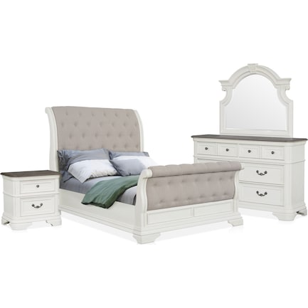 Mayfair 6-Piece Upholstered Sleigh Bedroom Set with Nightstand, Dresser and Mirror