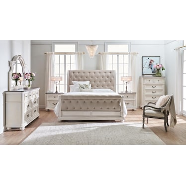 Mayfair 6-Piece Upholstered Sleigh Bedroom Set with Nightstand, Dresser and Mirror