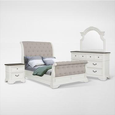 Mayfair 6-Piece Upholstered Sleigh Bedroom Set with Nightstand, Dresser and Mirror