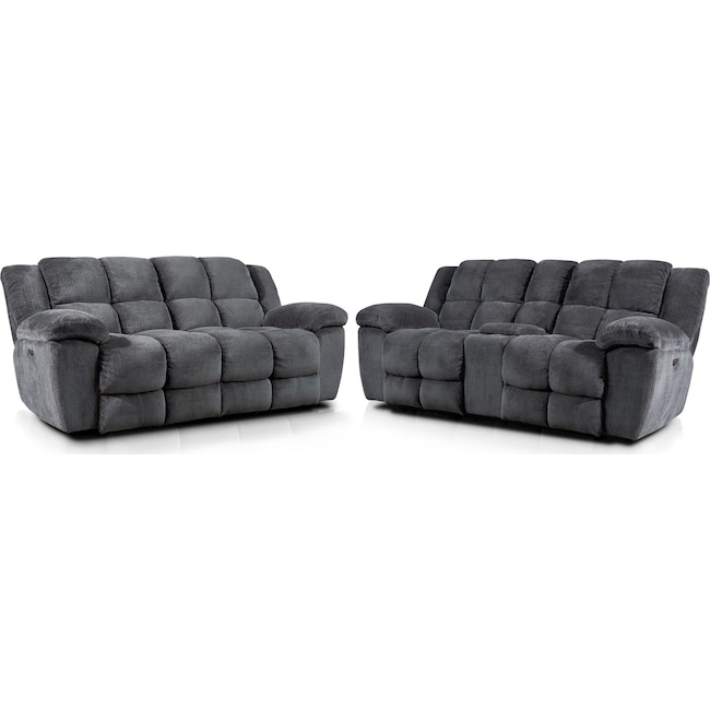 Living Room Furniture - Mellow Dual-Power Reclining Sofa and Loveseat Set - Gray