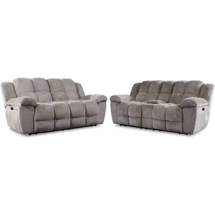 Mellow Dual-Power Reclining Sofa and Loveseat Set - Stone