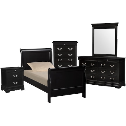 Neo Classic Youth 7-Piece Twin Bedroom Set with Chest, Nightstand, Dresser and Mirror - Black