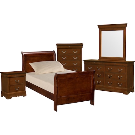 Neo Classic Youth 7-Piece Twin Bedroom Set with Chest, Nightstand, Dresser and Mirror - Cherry