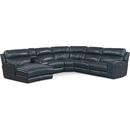 Newport 6 Piece Dual Power Reclining, Navy Leather Sectional Sofa