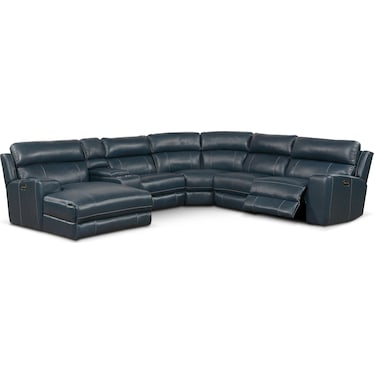 Newport 6-Piece Dual-Power Reclining Sectional with Left-Facing Chaise and 2 Reclining Seat - Blue
