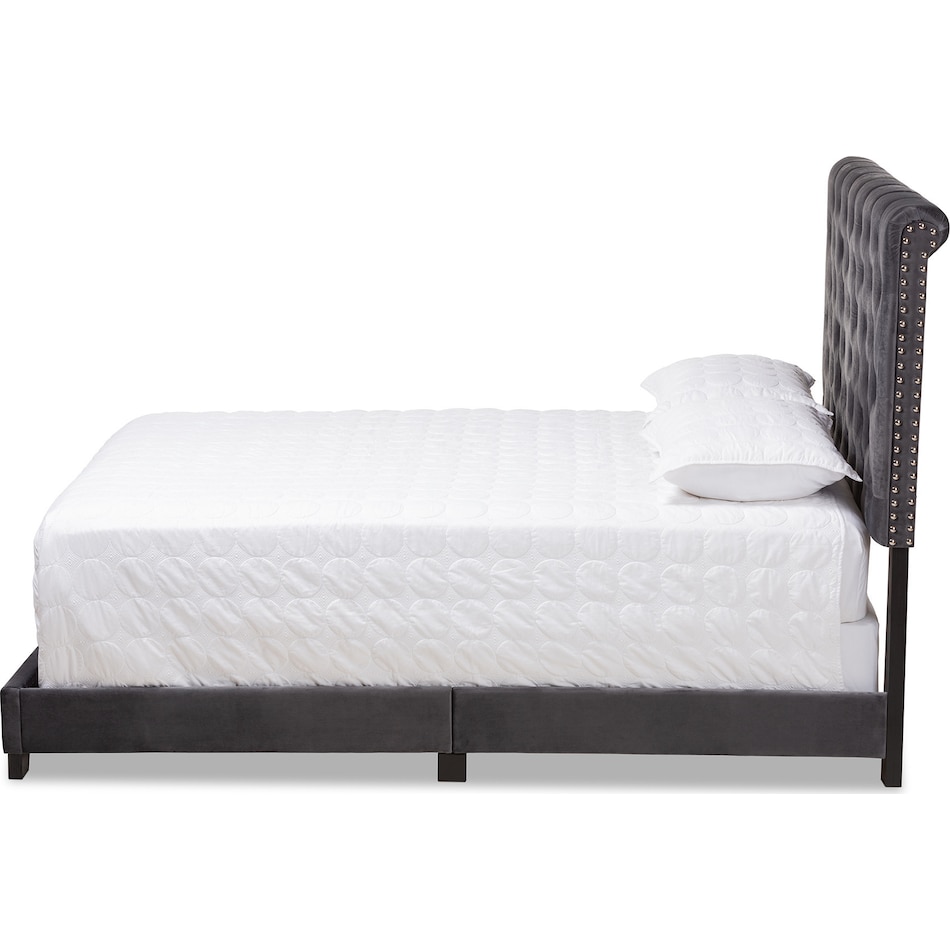 noen gray king upholstered bed   