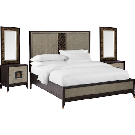 Olivia 7-Piece King Bedroom Set with 2 Nightstands with Mirrors - Ebony