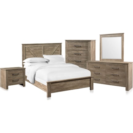 Perry 6 Piece Bedroom Set With, White Dresser With Mirror And Nightstand Set