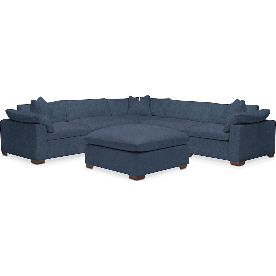 Plush Feathered Comfort Performance Fabric 5Piece Sectional with Ottoman Peyton Navy Value