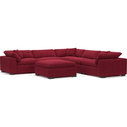 Plush Core Comfort 5-Piece Sectional with Ottoman - Contessa Ruby