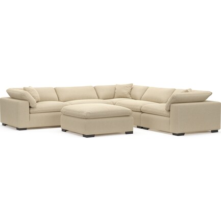 Plush Feathered Comfort Eco Performance Fabric 5-Piece Sectional with Ottoman - Fincher Sand