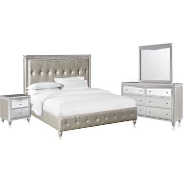 Posh 6-Piece Upholstered Bedroom Set with Nightstand, Dresser and Mirror