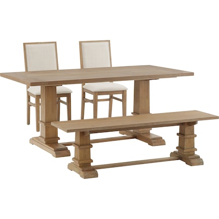 Ridgeline Dining Table, 2 Upholstered Chairs and Bench