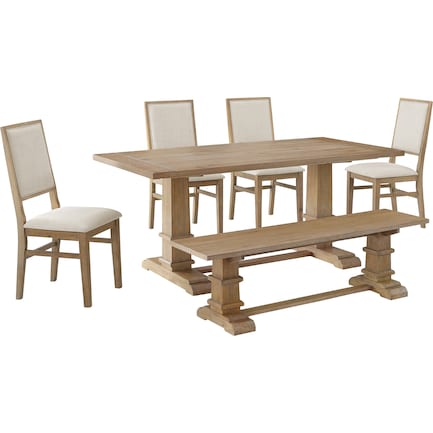 Ridgeline Dining Table, 4 Upholstered Chairs and Bench