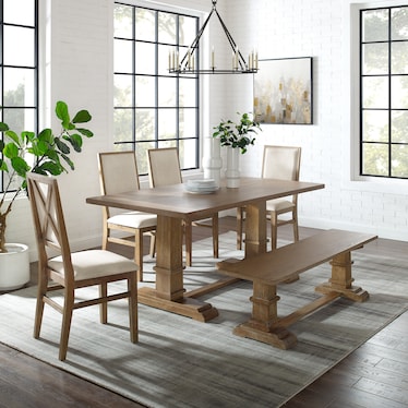 Ridgeline Dining Table, 4 Upholstered Chairs and Bench