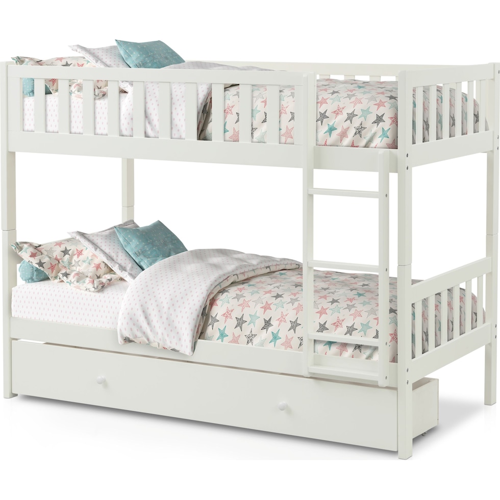 scout white twin over twin bunk bed with drawer storage   