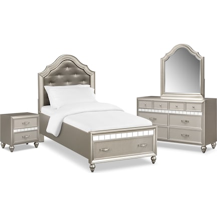 Serena Youth 6-Piece Twin Storage Bedroom Set with Nightstand, Dresser and Mirror - Platinum