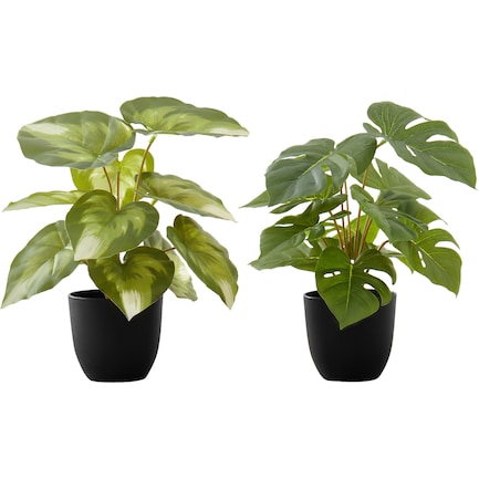 Set of 2 Faux 1' Monstera Plants with Black Planters