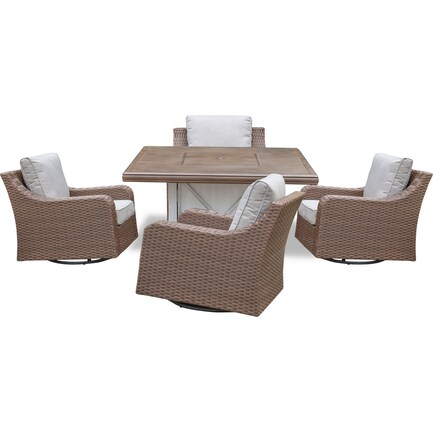Shoreline Outdoor Fire Table and 4 Swivel Rockers - Pecan/White