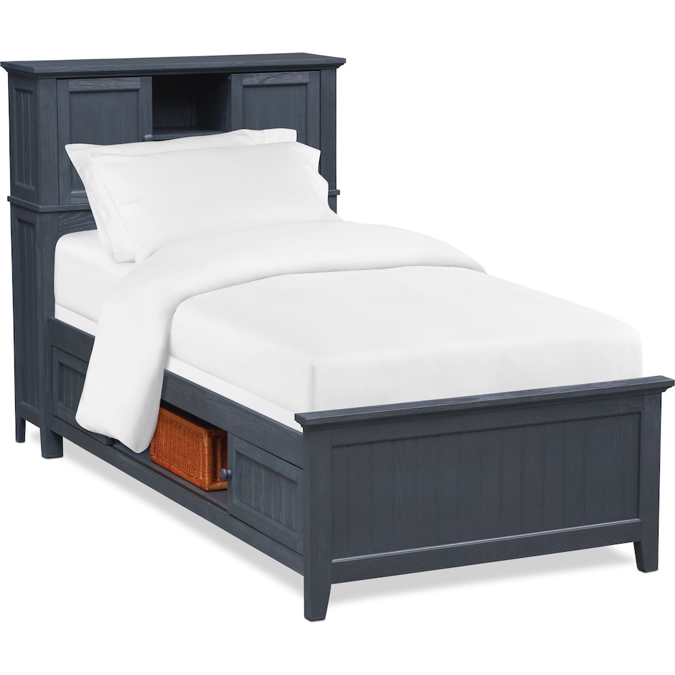 sidney blue full bookcase bed w storage   