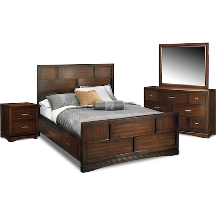 Toronto 6-Piece Queen Storage Bedroom Set with Nightstand, Dresser and Mirror - Pecan