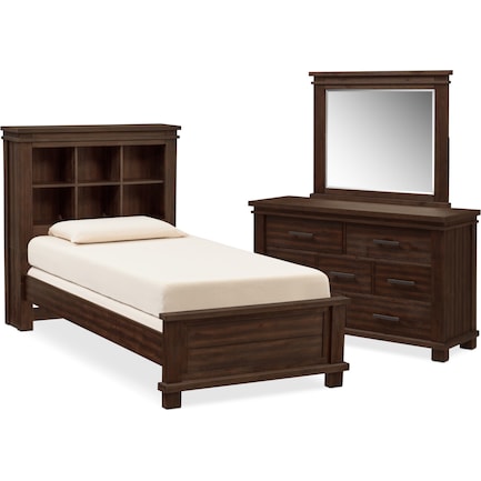 Tribeca Youth 5-Piece Twin Bookcase Bedroom Set with Dresser and Mirror - Tobacco
