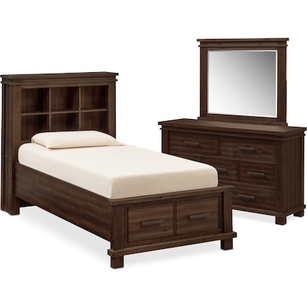 Tribeca Youth 5-Piece Twin Bookcase Storage Bedroom Set with Dresser and Mirror - Tobacco