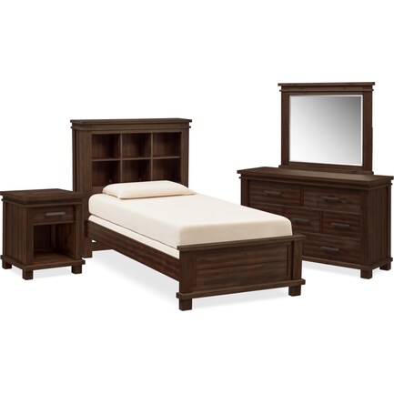 Tribeca Youth 6-Piece Twin Bookcase Bedroom Set with Nightstand, Dresser and Mirror  - Tobacco