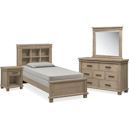 Tribeca Youth 6-Piece Twin Bookcase Bedroom Set with Nightstand, Dresser and Mirror - Gray