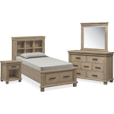 Tribeca Youth 6-Piece Twin Bookcase Storage Bedroom Set with Nightstand, Dresser and Mirror - Gray