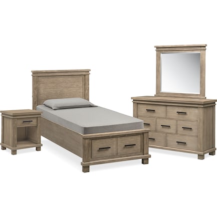 Tribeca Youth 6-Piece Twin Storage Bedroom Set with Nightstand, Dresser and Mirror - Gray