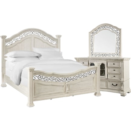 Tuscany 5-Piece King Panel Bedroom Set with Dresser and Mirror - Alabaster