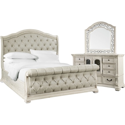 Tuscany 5-Piece Queen Sleigh Bedroom Set with Dresser and Mirror - Alabaster