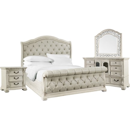 Tuscany 6-Piece King Sleigh Bedroom Set with Nightstand, Dresser and Mirror - Alabaster