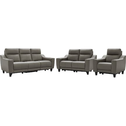 Vesper Dual-Power Reclining Sofa, Loveseat and Recliner Set - Gray